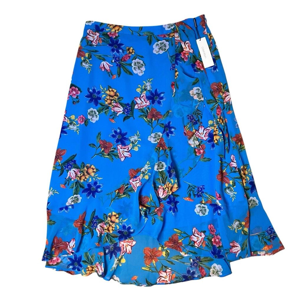 Calvin Klein Skirt Blue Floral Midi Asym Hem Waist Tie Resort Vacation